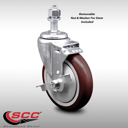 Service Caster 5 Inch SS Maroon Polyurethane Swivel 1/2 Inch Threaded Stem Caster with Brake SCC SCC-SSTS20S514-PPUB-MRN-TLB-121315